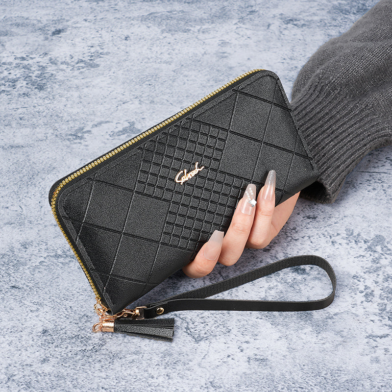 Women's Korean Version Long Wallet with Mobile Phone Bag, Simple Zipper Wallet, Tassel Handbag