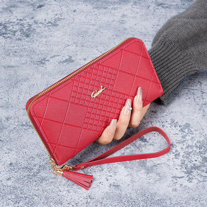 Women's Korean Version Long Wallet with Mobile Phone Bag, Simple Zipper Wallet, Tassel Handbag