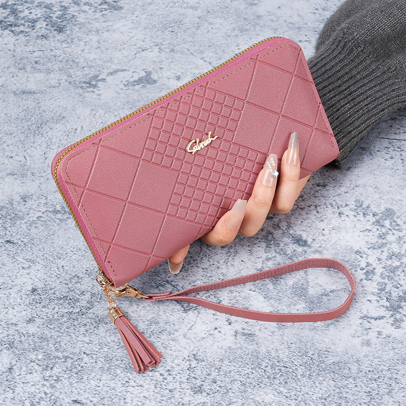 Women's Korean Version Long Wallet with Mobile Phone Bag, Simple Zipper Wallet, Tassel Handbag