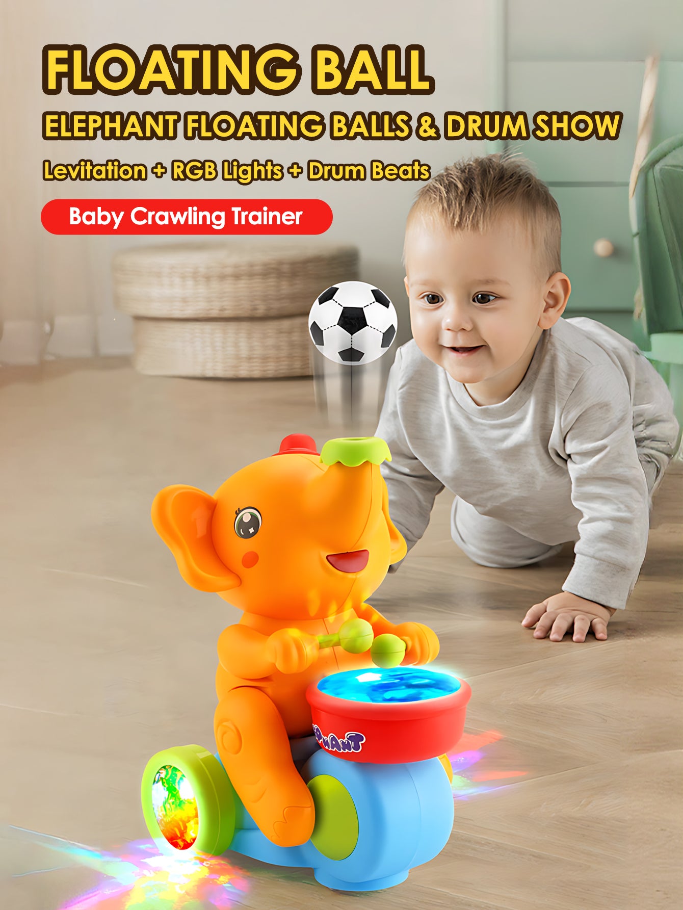 Crawling Sensory Activity Electric Walking Drummer Elephant Toy with Light Music - Montessori Learning Gift for Kids
