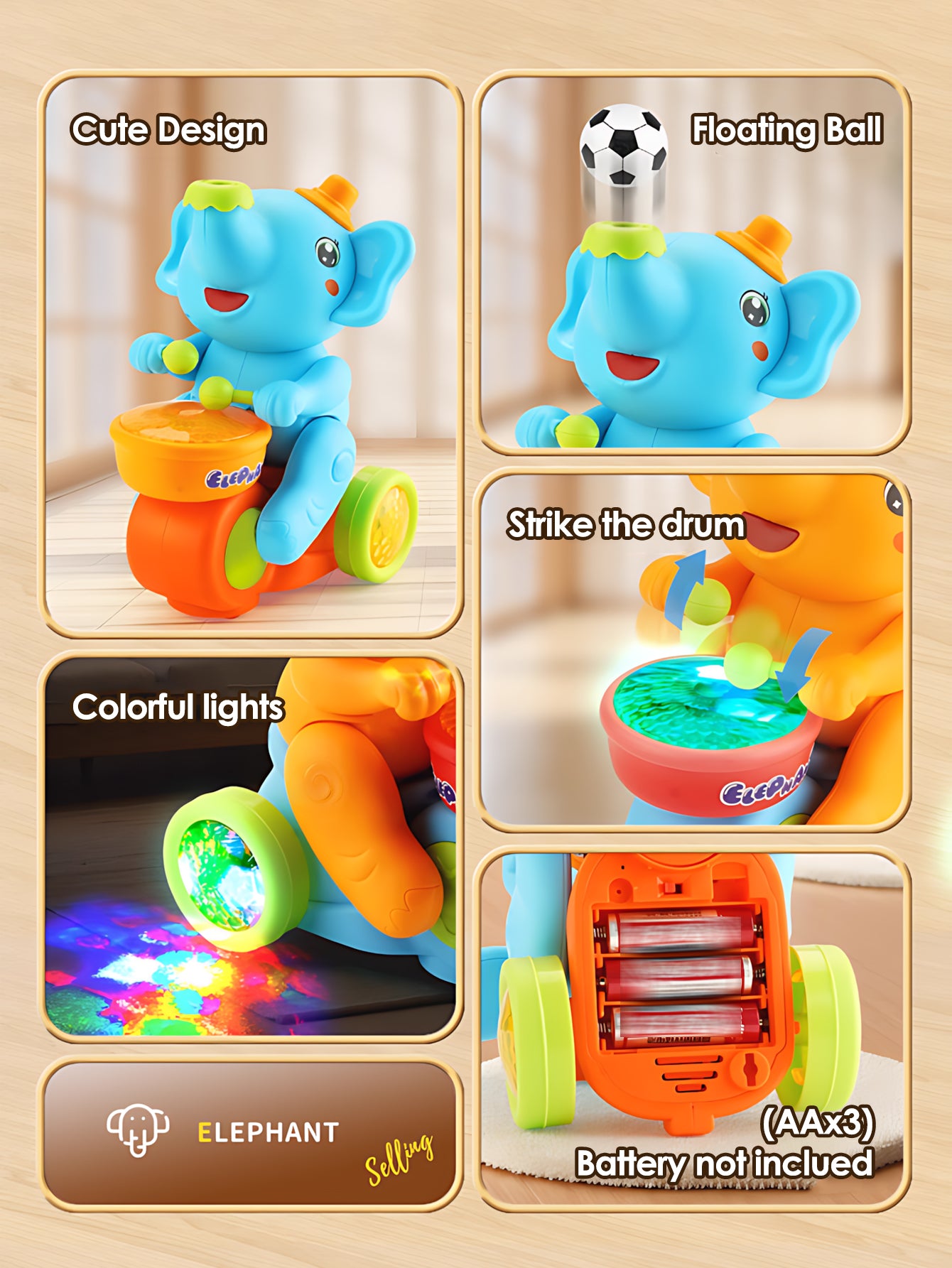 Crawling Sensory Activity Electric Walking Drummer Elephant Toy with Light Music - Montessori Learning Gift for Kids