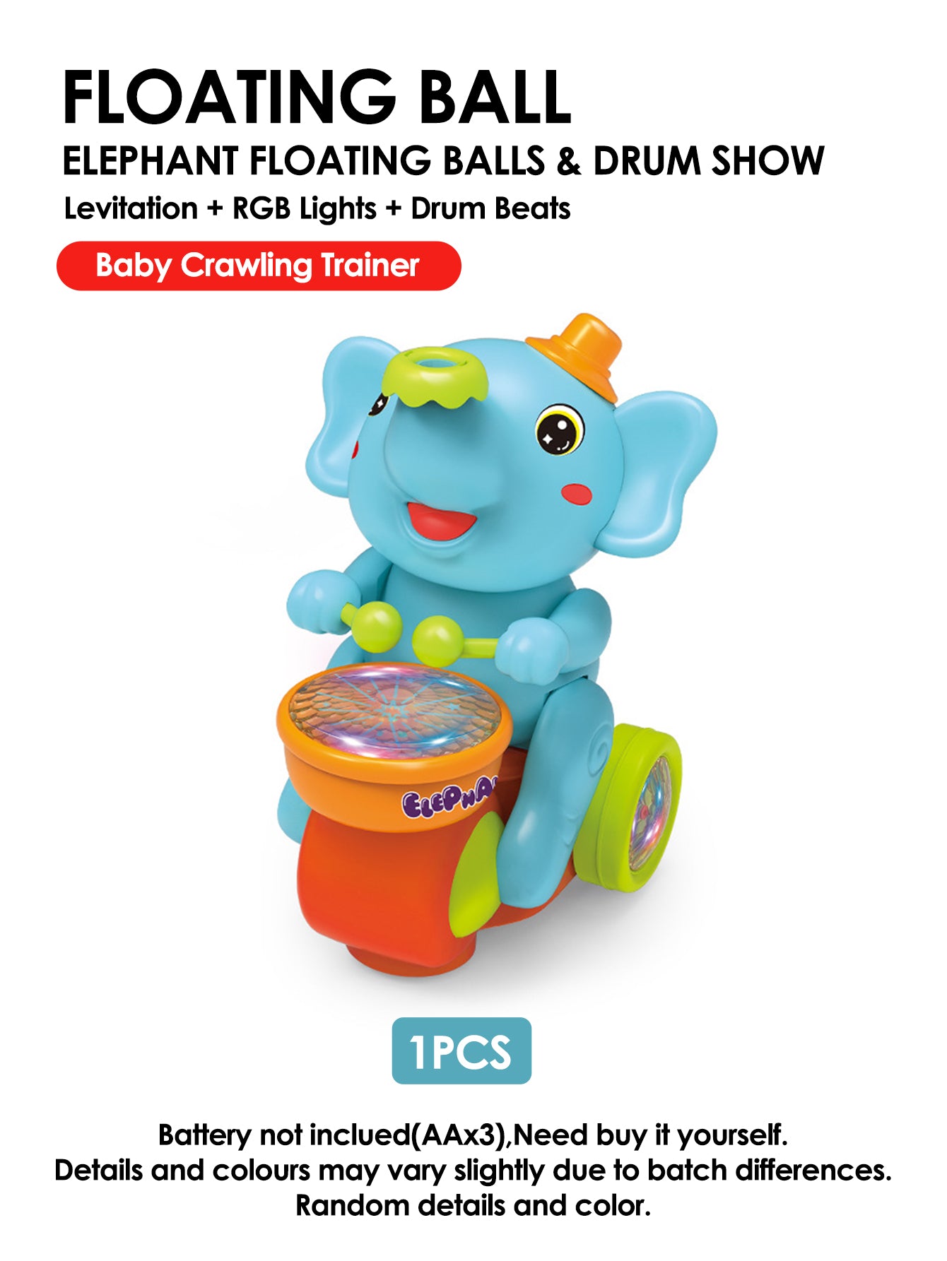 Crawling Sensory Activity Electric Walking Drummer Elephant Toy with Light Music - Montessori Learning Gift for Kids