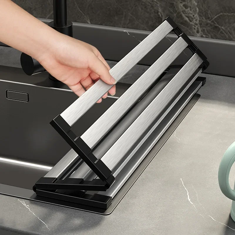 Stainless Steel Kitchen Sink Drain Rack, Foldable Retractable Drain Basket, Sink Bowl and Dish Storage Rack