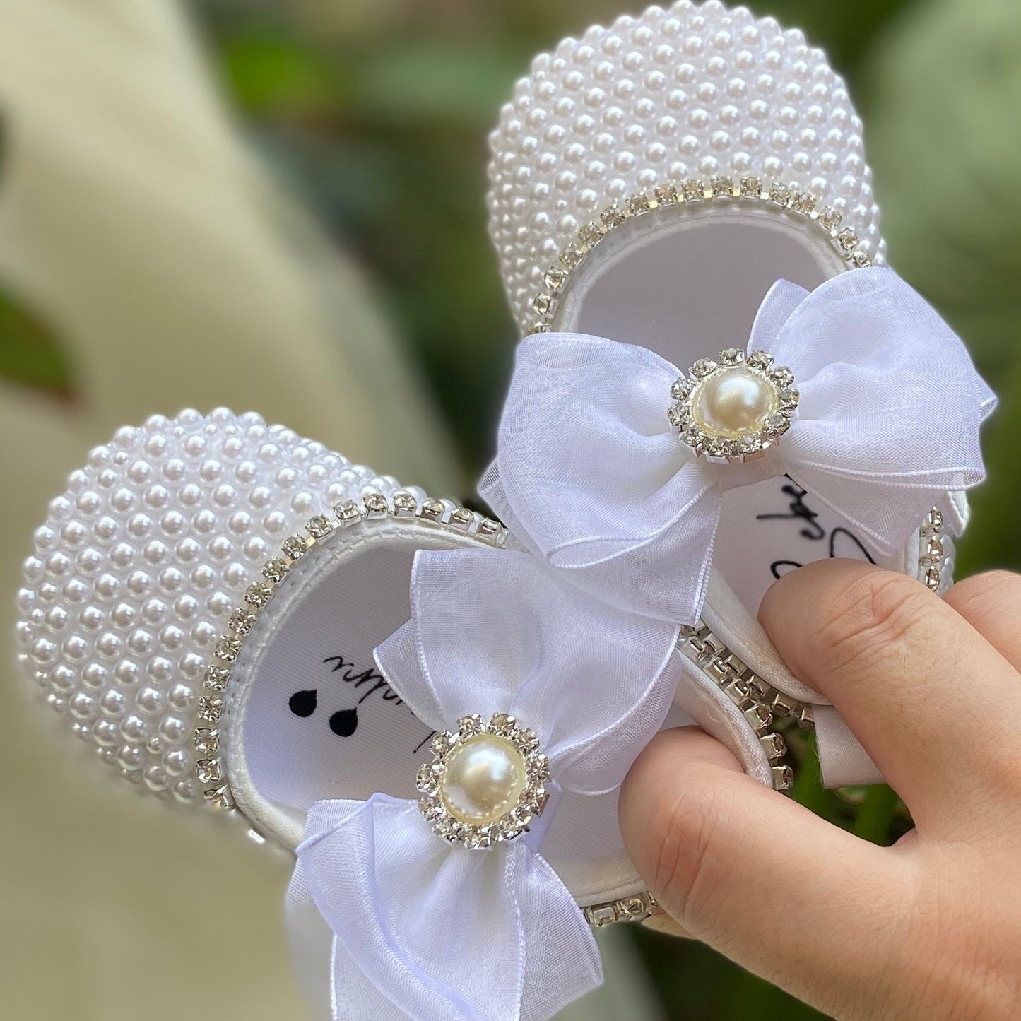 Dollbling Rhinestone Baby Shoes, Handmade White Pearls Bling, Christening Wedding Baptism Shoes