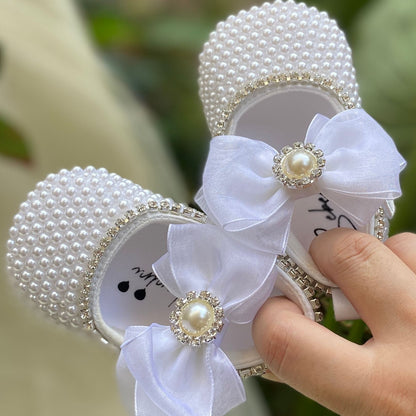Dollbling Rhinestone Baby Shoes, Handmade White Pearls Bling, Christening Wedding Baptism Shoes
