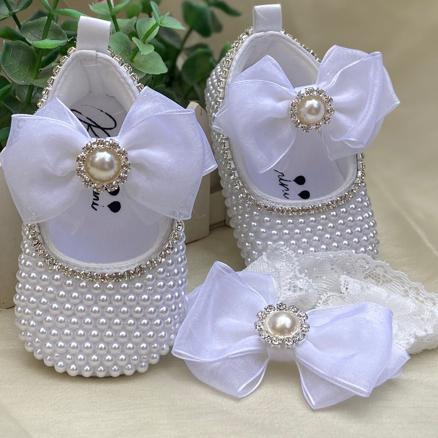 Dollbling Rhinestone Baby Shoes, Handmade White Pearls Bling, Christening Wedding Baptism Shoes