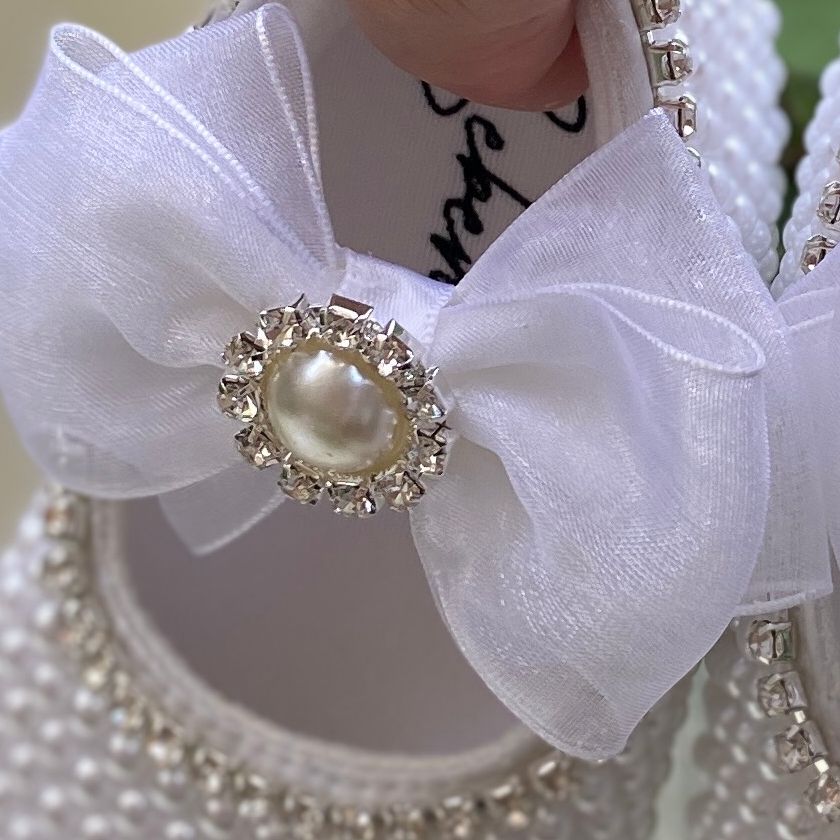 Dollbling Rhinestone Baby Shoes, Handmade White Pearls Bling, Christening Wedding Baptism Shoes