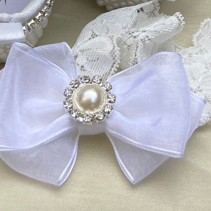 Dollbling Rhinestone Baby Shoes, Handmade White Pearls Bling, Christening Wedding Baptism Shoes