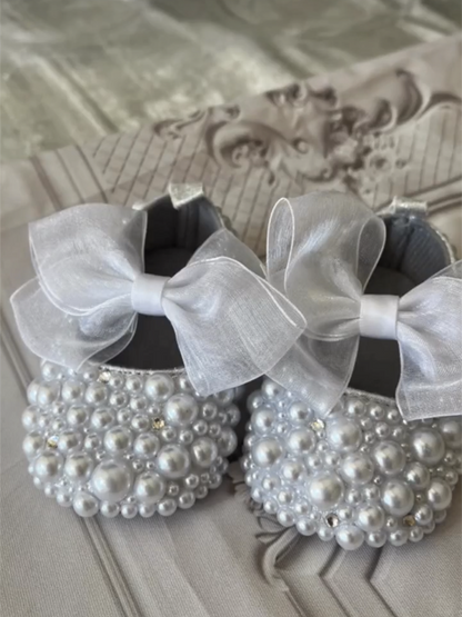 Dollbling Rhinestone Baby Shoes, Handmade White Pearls Bling, Christening Wedding Baptism Shoes