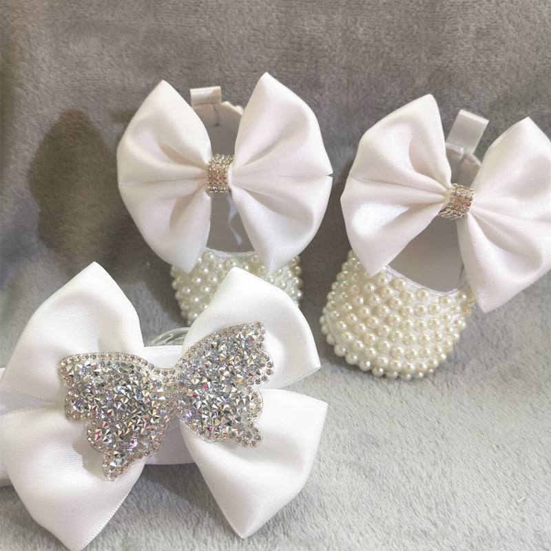 Dollbling Rhinestone Baby Shoes, Handmade White Pearls Bling, Christening Wedding Baptism Shoes