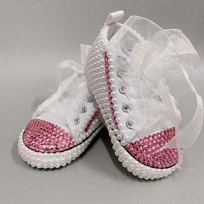 Dollbling Rhinestone Baby Shoes, Handmade White Pearls Bling, Christening Wedding Baptism Shoes