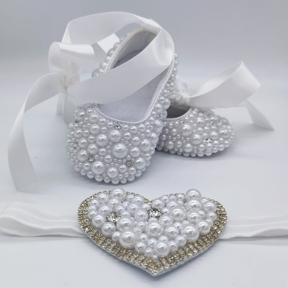 Dollbling Rhinestone Baby Shoes, Handmade White Pearls Bling, Christening Wedding Baptism Shoes