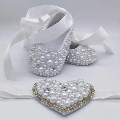 Dollbling Rhinestone Baby Shoes, Handmade White Pearls Bling, Christening Wedding Baptism Shoes