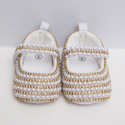 Dollbling Rhinestone Baby Shoes, Handmade White Pearls Bling, Christening Wedding Baptism Shoes