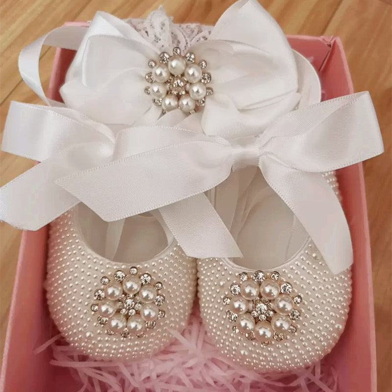 Dollbling Rhinestone Baby Shoes, Handmade White Pearls Bling, Christening Wedding Baptism Shoes