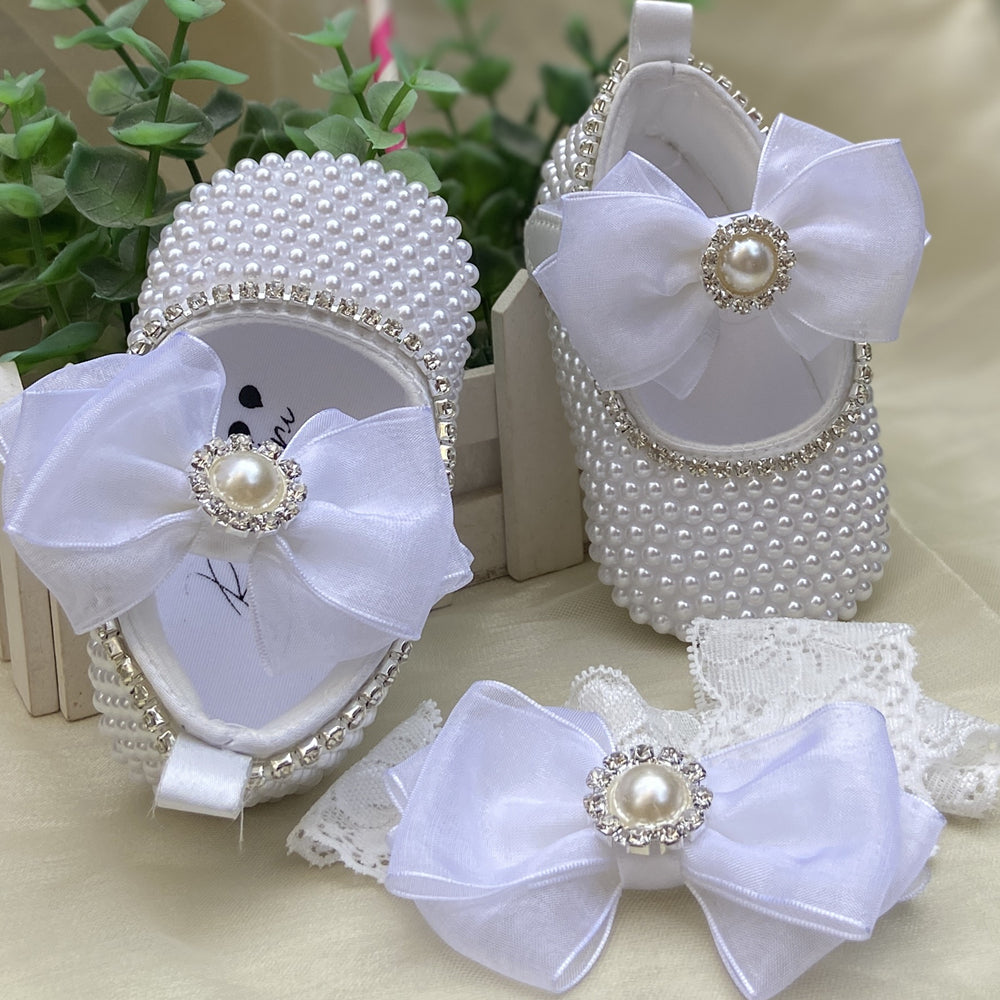 Dollbling Rhinestone Baby Shoes, Handmade White Pearls Bling, Christening Wedding Baptism Shoes