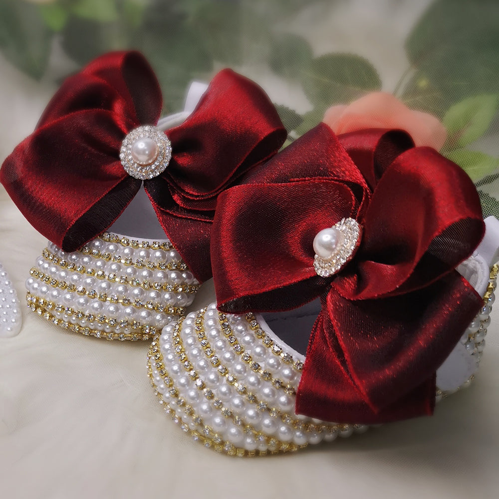 Dollbling Rhinestone Baby Shoes, Handmade White Pearls Bling, Christening Wedding Baptism Shoes