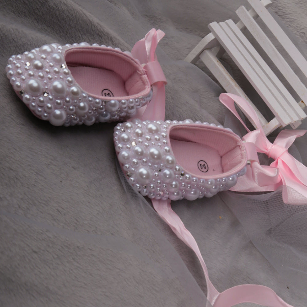Dollbling Rhinestone Baby Shoes, Handmade White Pearls Bling, Christening Wedding Baptism Shoes