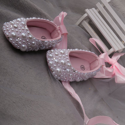 Dollbling Rhinestone Baby Shoes, Handmade White Pearls Bling, Christening Wedding Baptism Shoes