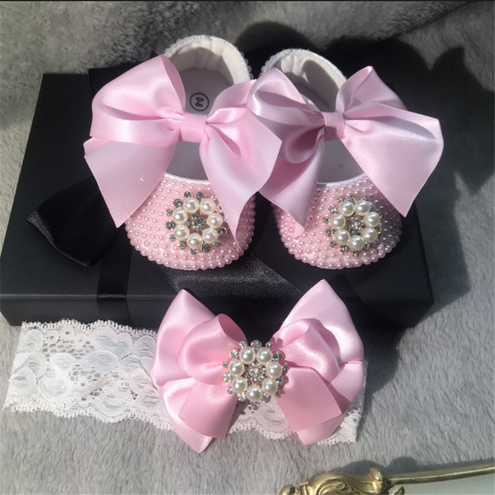 Dollbling Rhinestone Baby Shoes, Handmade White Pearls Bling, Christening Wedding Baptism Shoes