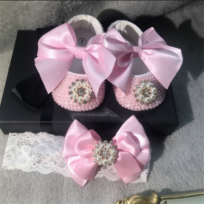 Dollbling Rhinestone Baby Shoes, Handmade White Pearls Bling, Christening Wedding Baptism Shoes