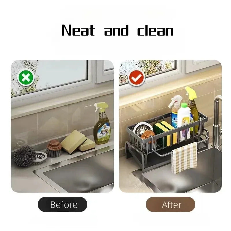 Kitchen Sponge Rack, Drain Water Place Dish Soap Organizer, Large Capacity Multi-Functional Countertop Storage