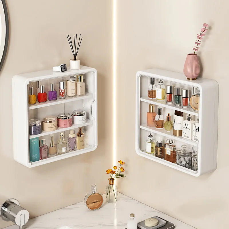 Multi-Layer Bathroom Organizer, No Drill Transparent Cosmetic Display Cabinet with Removable Shelves