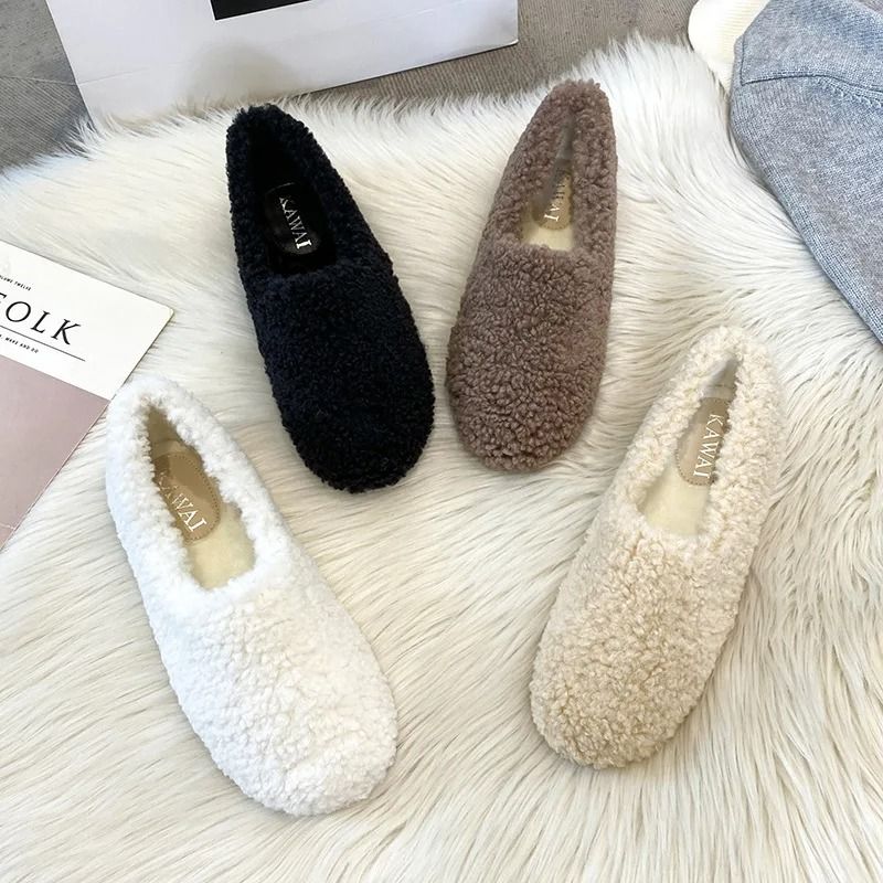 Womens Lambwool Winter Moccasins Warm Plush Fur Loafers Comfortable Cotton Flats