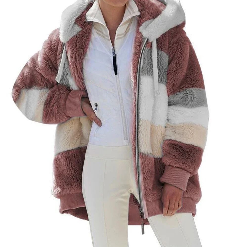 Oversized Plush Hooded Jacket For Women Warm Winter Cashmere Coat With Zipper And Pockets 13