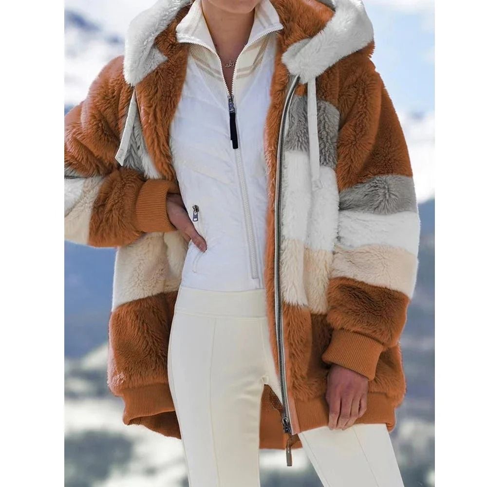 Oversized Plush Hooded Jacket For Women Warm Winter Cashmere Coat With Zipper And Pockets 14