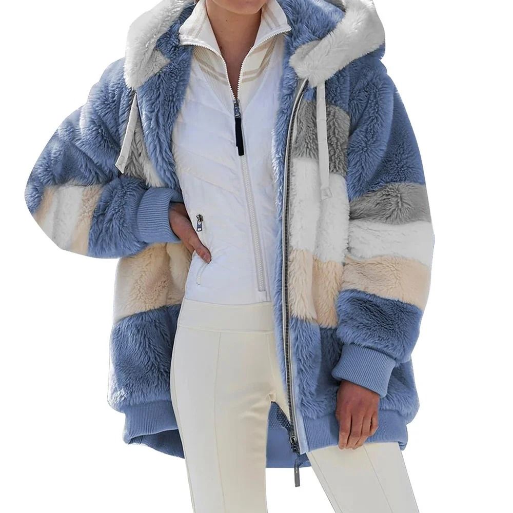 Oversized Plush Hooded Jacket For Women Warm Winter Cashmere Coat With Zipper And Pockets 8