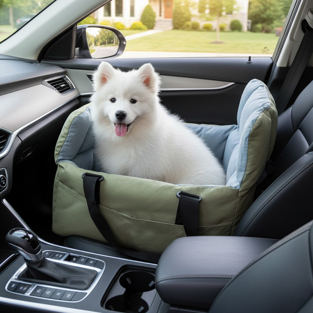 Portable Dog Car Seat, Pet Puppy Booster Travel Bed, Carrier Cushion with Storage Pocket