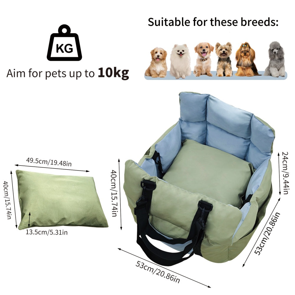 Portable Dog Car Seat, Pet Puppy Booster Travel Bed, Carrier Cushion with Storage Pocket