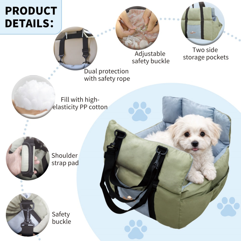 Portable Dog Car Seat, Pet Puppy Booster Travel Bed, Carrier Cushion with Storage Pocket