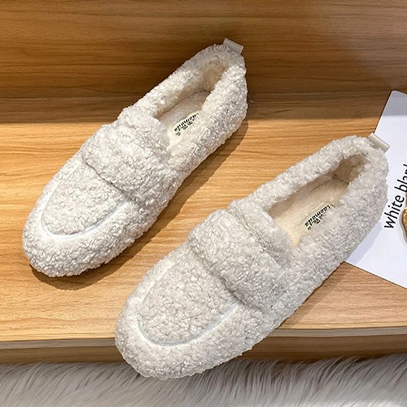 Womens Plush Shearling Winter Flats Warm Lambswool Slip On Loafers Cotton Lined Comfort Shoes
