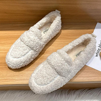 Womens Plush Shearling Winter Flats Warm Lambswool Slip On Loafers Cotton Lined Comfort Shoes