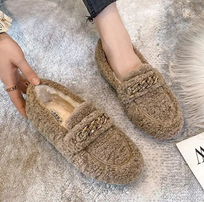 Womens Plush Shearling Winter Flats Warm Lambswool Slip On Loafers Cotton Lined Comfort Shoes 11