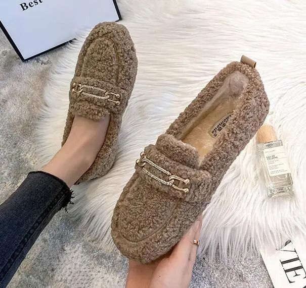 Womens Plush Shearling Winter Flats Warm Lambswool Slip On Loafers Cotton Lined Comfort Shoes 14