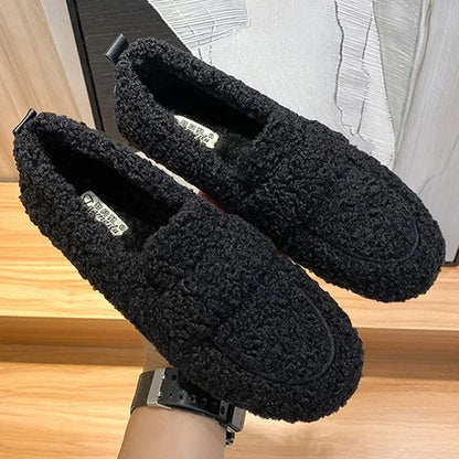 Womens Plush Shearling Winter Flats Warm Lambswool Slip On Loafers Cotton Lined Comfort Shoes 6