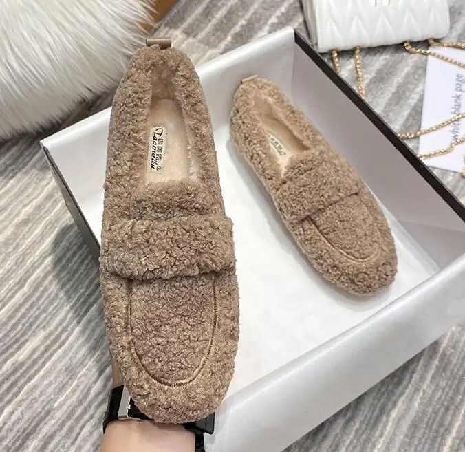 Womens Plush Shearling Winter Flats Warm Lambswool Slip On Loafers Cotton Lined Comfort Shoes 8