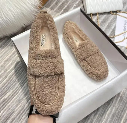 Womens Plush Shearling Winter Flats Warm Lambswool Slip On Loafers Cotton Lined Comfort Shoes 8