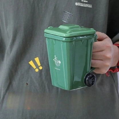 Funny Trash Can Ceramic Mug Trendy Green Coffee Cup with Spoon Cartoon Style Bone China Gift Cup