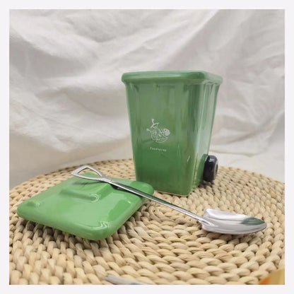 Funny Trash Can Ceramic Mug Trendy Green Coffee Cup With Spoon Cartoon Style Bone China Gift Cup 5