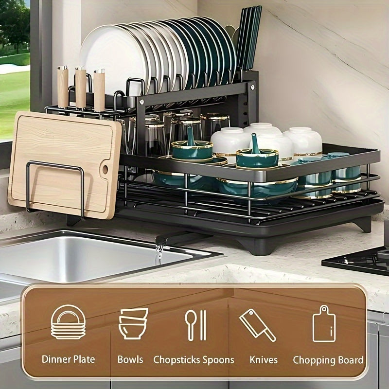 DoubleTier Extendable Dish Drainer For Kitchen Worktops LargeCapacity Utensil Rack And Draining Boa 1