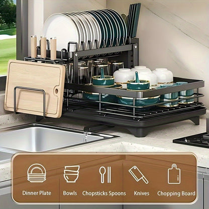 DoubleTier Extendable Dish Drainer For Kitchen Worktops LargeCapacity Utensil Rack And Draining Boa 1