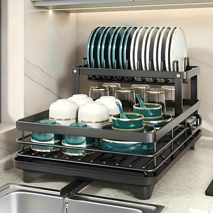DoubleTier Extendable Dish Drainer For Kitchen Worktops LargeCapacity Utensil Rack And Draining Boa 2
