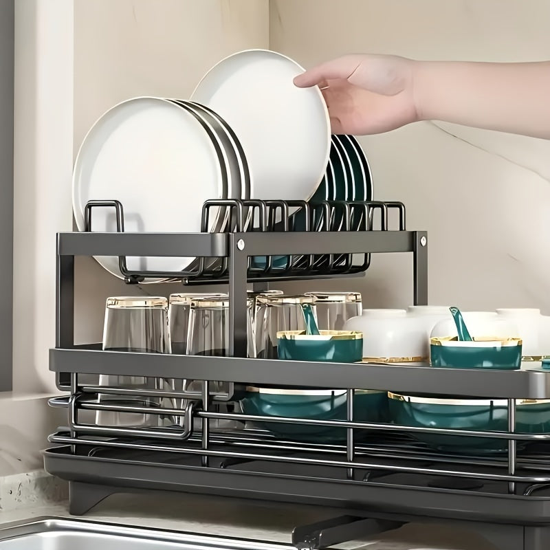 DoubleTier Extendable Dish Drainer For Kitchen Worktops LargeCapacity Utensil Rack And Draining Boa 3