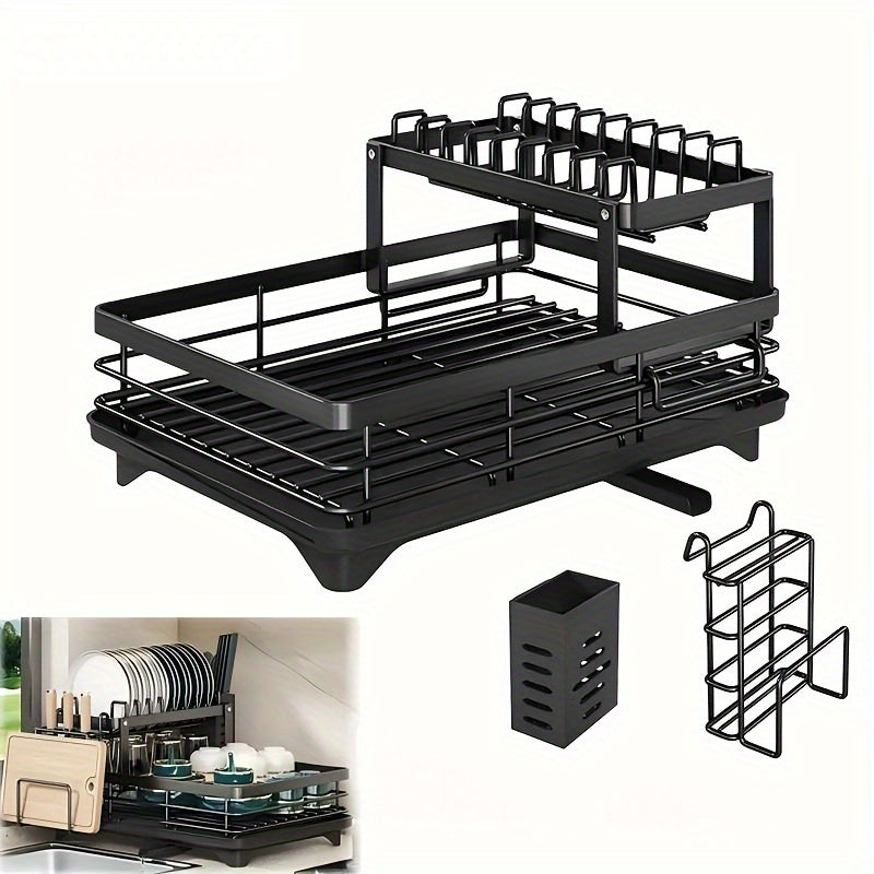 Double-Tier Extendable Dish Drainer for Kitchen Worktops, Large-Capacity Utensil Rack and Draining Board