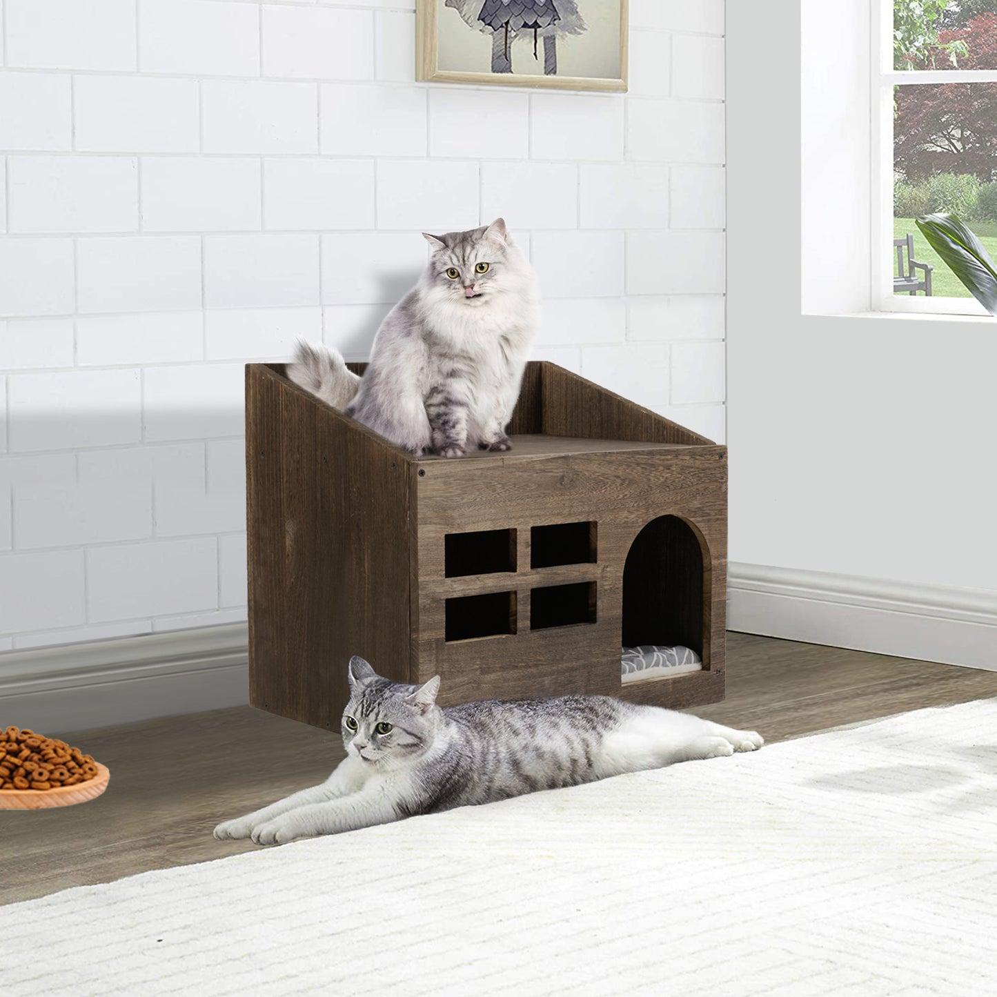 Durable Wooden Cat Cave Bed, Kitten Sleep Lounge with Cushion Pad