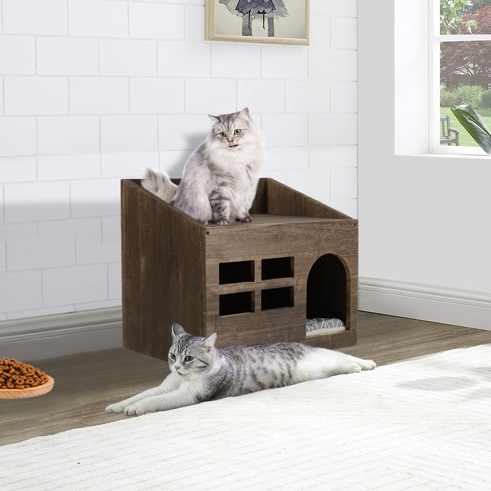Durable Wooden Cat Cave Bed, Kitten Sleep Lounge with Cushion Pad